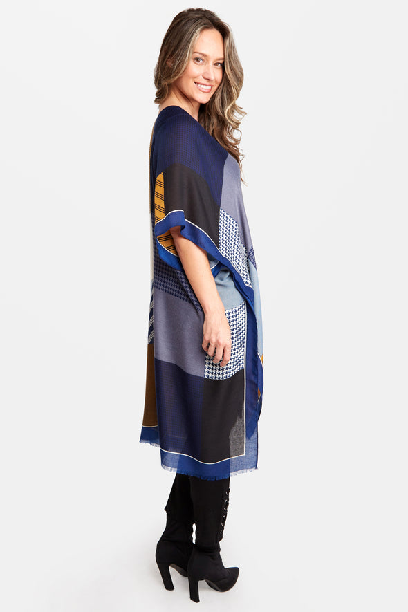 Color Block Stripe & Houndstooth Kimono Blue