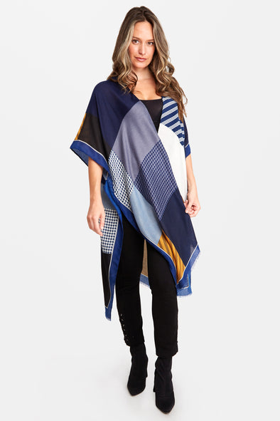 Color Block Stripe & Houndstooth Kimono Blue