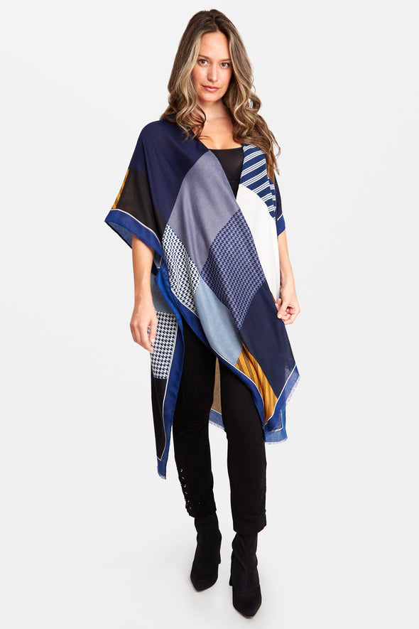 Color Block Stripe & Houndstooth Kimono Blue