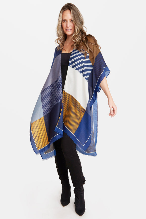 Color Block Stripe & Houndstooth Kimono Blue
