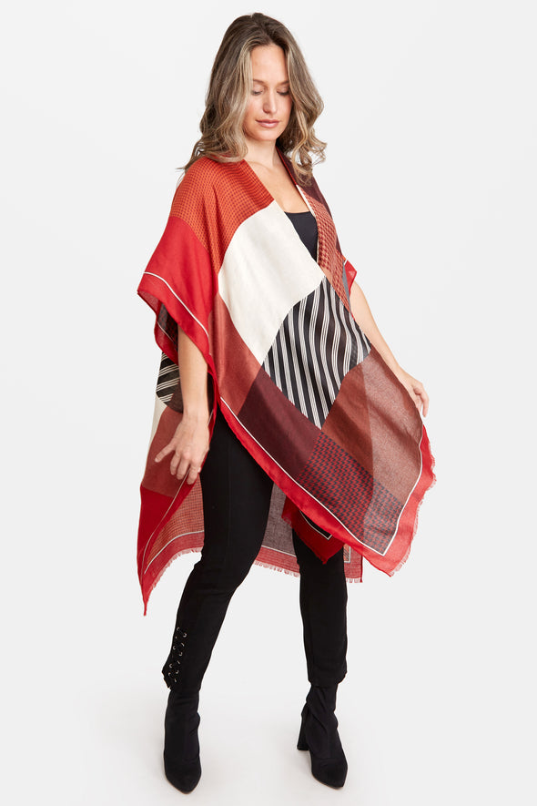 Copy of Color Block Stripe & Houndstooth Kimono Red